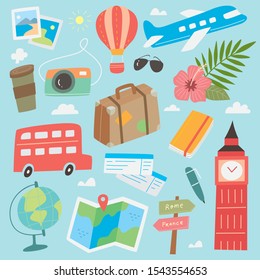 Cute travel doodle cartoon, suitable for scrapbooking, icon, sticker, fabric printing etc