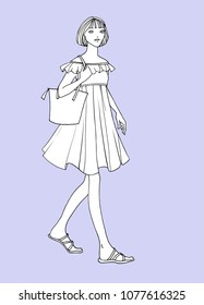 Cute travel girl with bag in hand drawn sketch style. Fashion vector illustration on purple