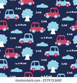 Cute travel pattern with baby boys cars. Nice polka dot print vehicle on forest trees background. Handwritten words WROOM, CAR. Kids transport vector illustration. Childish dark blue nursery wallpaper