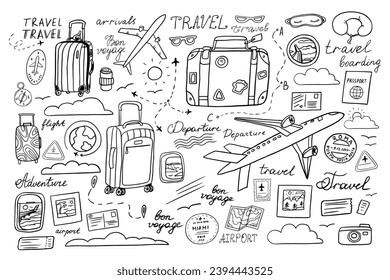 Cute travel set in doodle style. Suitcase, baggage, plane, fly, ticket, postcard, flight, boarding pass, clouds, view from the window, postage stamp, passport stamp, passport, route. Hand drawn