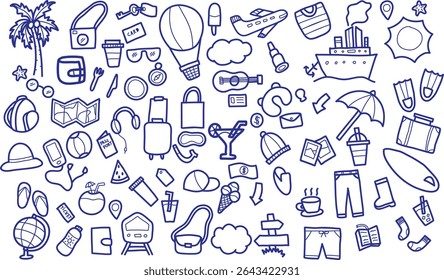 Cute travel vector icon set in doodle style. Hand drawn vacation illustrations including suitcase, airplane, ticket, map, beach, camera, and passport for tourism, children’s book, posters, and sticker