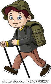 Cute traveler boy cartoon with walking stick