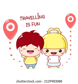 Cute traveler friends boy and girl with tablet and pin map. Two little travellers. Inscription Travelling is fun. Can be used for kids room poster, print, t-shirt design. Vector illustration EPS8