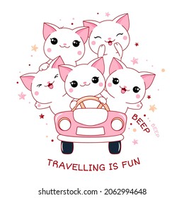 Cute traveler friends rides in car. Adventurers cats travels by car. Inscription Travelling in fun. Five kawaii white kittens in pink car. Can be used for poster, print, t-shirt design. Vector EPS8