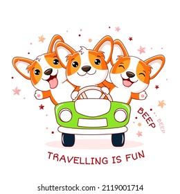 Amigos viajeros más amables viajan en el auto. Tres aventureros corgi cachorros en coche. Inscripción Viajar es divertido. Se puede usar para el diseño de afiches, tiras y camisetas de las habitaciones para niños. Ilustración del vector EPS8