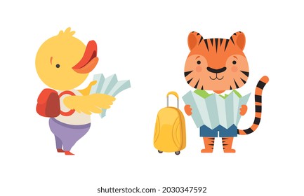 Cute Traveling Baby Animals Set, Amusing Duckling and Tiger Characters Going on Trip Cartoon Vector Illustration