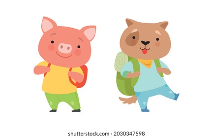 Cute Traveling Baby Animals Set, Amusing Pig and Dog Characters Going on Trip Cartoon Vector Illustration