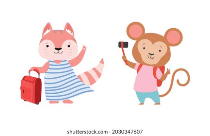 Cute Traveling Baby Animals Set, Amusing Monkey and Fox Characters Going on Trip Cartoon Vector Illustration
