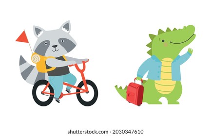 Cute Traveling Baby Animals Set, Amusing Raccoon and Crocodile Characters Going on Trip Cartoon Vector Illustration