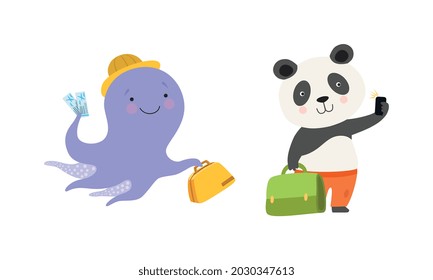 Cute Traveling Baby Animals Set, Amusing Octopus and Panda Characters Going on Trip Cartoon Vector Illustration