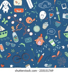 Cute traveling pattern. Colorful seamless background with rabbit,birds,flower s, summer and traveling elements