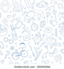 Cute traveling pattern. Seamless background with rabbit,birds,flowers, summer and traveling elements