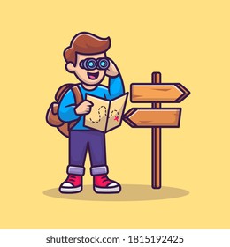 Cute Travelling Boy With Binocular Cartoon Vector Icon Illustration. People Icon Concept Isolated Premium Vector. Flat Cartoon Style
