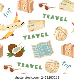 Cute travelling seamless pattern, paper map with geolocation mark, letter, plane, lettering. Flat vector illustration. Doodle drawing.	