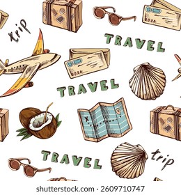 Cute travelling seamless pattern, paper map with geolocation mark, letter, plane, lettering. Flat vector illustration. Doodle drawing.	
