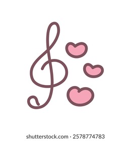 Cute treble clef icon. Hand drawn illustration of a musical symbol and three little hearts isolated on a white background. Love music concept. Abstract romantic emoji. Vector 10 EPS.