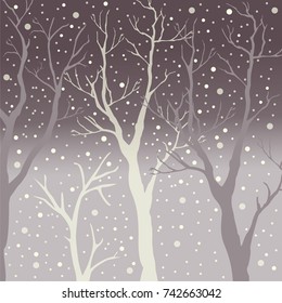 Cute Tree Background, pastel brown sky. Falling Snow. Vector Illustration