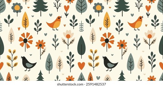 Cute Tree Birds and Flowers Scandinavian style In Seamless Pattern