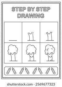 Cute tree. Book page, drawing step by step. Black and white vector coloring page.