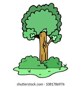 cute tree, bush, grass, stone cartoon object on white background, vector doodle art
