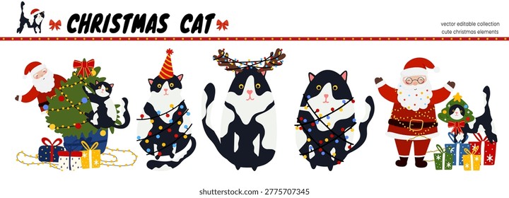 Cute tree cat kitty pet vector santa set collection. Festive holiday theme christmas illustration with naughty cat. Decorated christmas tree by garland for xmas celebration.