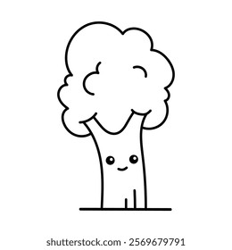 Cute tree. Cute character, black and white kawaii illustration, coloring page.