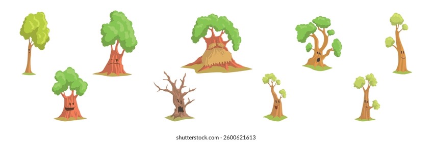 Cute Tree Character with Trunk and Green Crown Have Face Vector Set