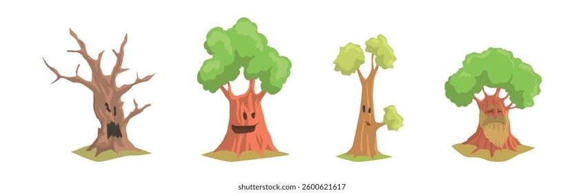 Cute Tree Character with Trunk and Green Crown Have Face Vector Set