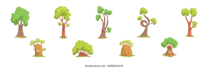 Cute Tree Character with Trunk and Green Crown Have Face Vector Set