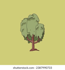 cute tree fantasy woodland magical forest natural elm willow sycamore plant digital art illustration cartoon vector earthy dirty green brown tones isolated icon yellow background animation style.  