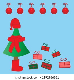 Cute tree in felt boots, hat and scarf. Gifts, Christmas balls.  Hand drawn vector illustration.  Greeting card design template, poster. Christmas background