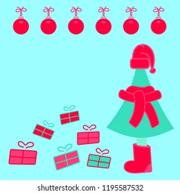 Cute tree in felt boots, hat and scarf. Gifts, Christmas balls.  Hand drawn vector illustration.  Greeting card design template, poster. Christmas background