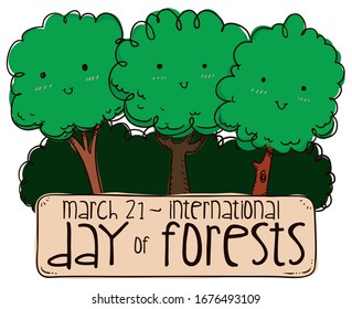 Cute tree friends in doodle style smiling at you, with tall bushes over sign promoting International Day of Forests in March 21.