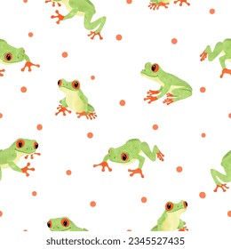 Cute tree frog pattern. Seamless vector background with cartoon green tropical frogs