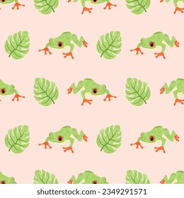 Cute tree frog pattern. Seamless vector background with watercolor green frogs and tropical leaves