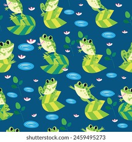 Cute tree frog pattern. Seamless vector background with cartoon green frogs and tropical leaves