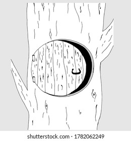Cute a tree with a hollow in which the door is open, for coloring book cartoon hand drawn vector illustration. Can be used for t-shirt print, kids wear fashion design, baby shower invitation card
