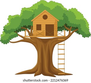 Cute tree house cartoon in the garden