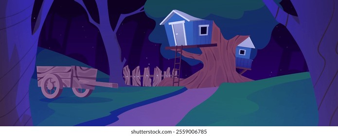 Cute tree house for a fairy, gnome, elf. Fantasy village in the middle of the forest with a wooden fence, a cart. Night landscape with starry sky. Horizontal banner. Cartoon style. Vector illustration