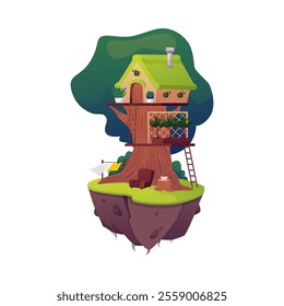 Cute tree house for a fairy, gnome or elf. Fantasy cottage for a magical character on a large green oak tree. Summer landscape. Piece of earth is floating. Vector illustration on white background.