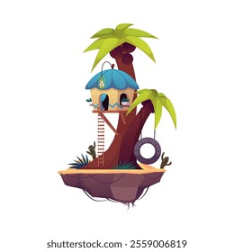 Cute tree house for a fantasy character. Fairy, gnome or elf. Large palm tree with coconuts, a ladder, a swing wheel. Desert landscape with cactus. Vector illustration isolated on white background.