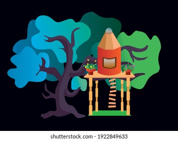 A cute tree house with a rope ladder, poles, glass window in a roof and flower pots.