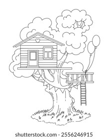 Cute tree house. Vector illustration in doodle style. Coloring book, tree house.