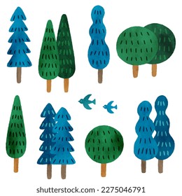 A cute tree illustration set with a watercolor touch.Easy-to-edit vector material.There are other variations as well.