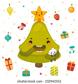 Cute tree and other Christmas decorations, set, vector.
