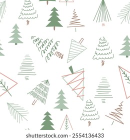 Cute tree seamless pattern on white background, Chrismast backkground for wrapping or textile