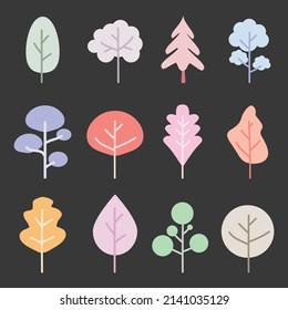 Cute tree set icon. Various trees colorful cartoons flat style. Different collection plant simple design. Vector illustration
