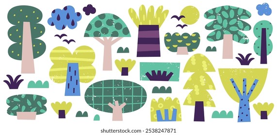 Árvore bonito, arbusto e plantas arbustivas com elementos de design decorativo geométrico grunge mão desenhada conjunto de paisagem natural isolado. Jardim natureza vintage doodle gráfico infantil arte vetor ilustração