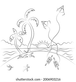 cute tree sun river line cartoon style suitable for kids coloring page background vector illustration.