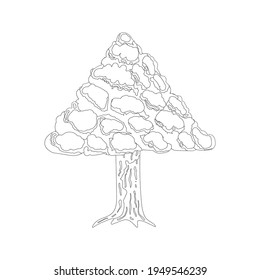 Cute tree with a triangle crown and roots. Isolated black and white object in the white background for coloring pages. Flat style illustration.